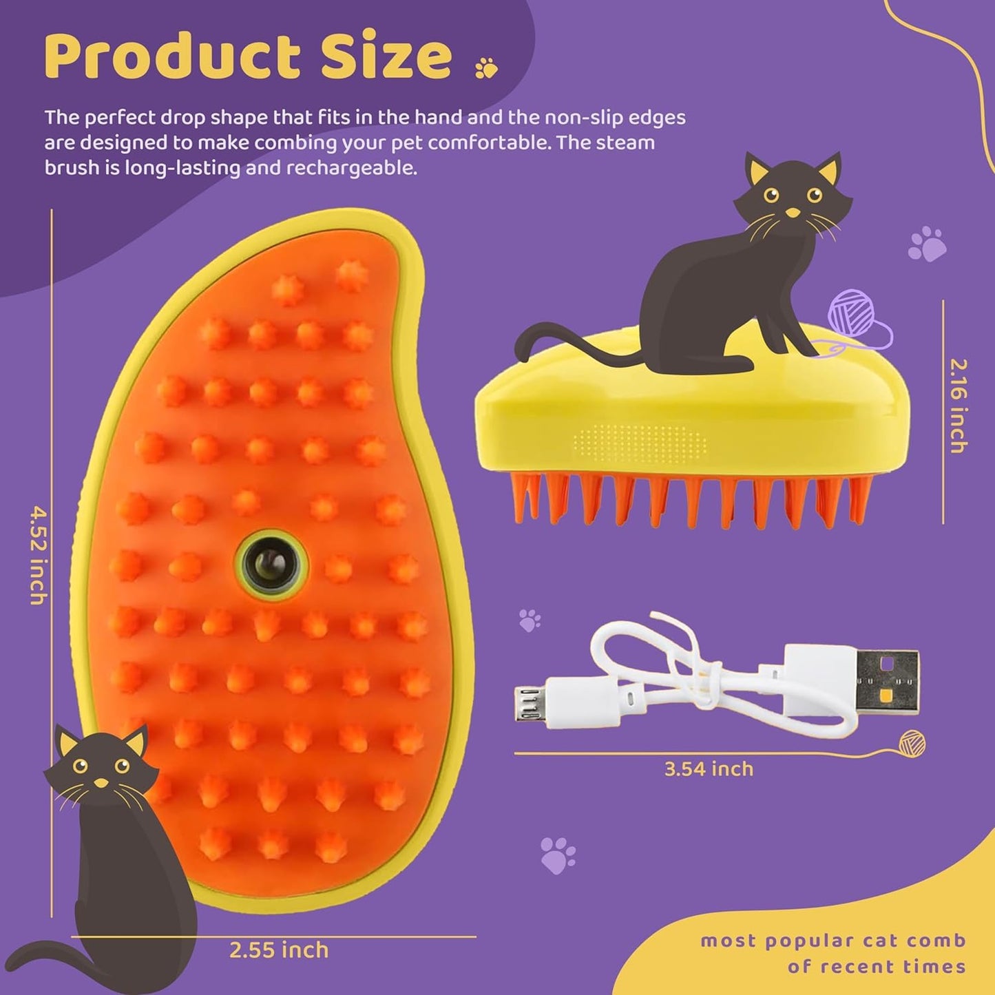Pet Grooming Rechargeable Steam Brush, Yellow