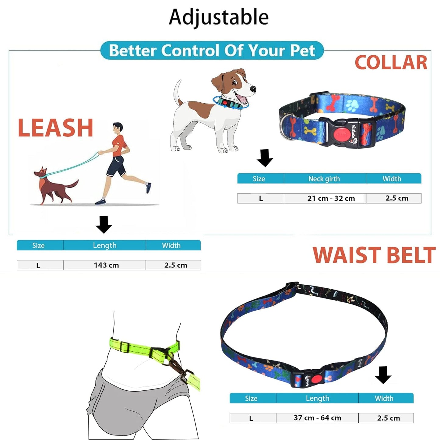 Dog Collar, Leash and Waist Belt Set