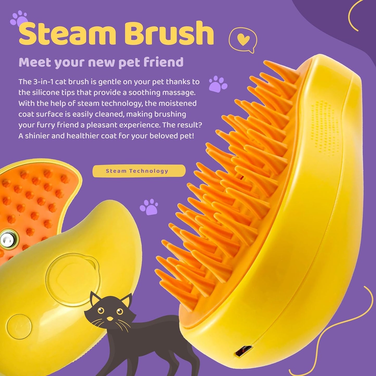 Pet Grooming Rechargeable Steam Brush, Yellow