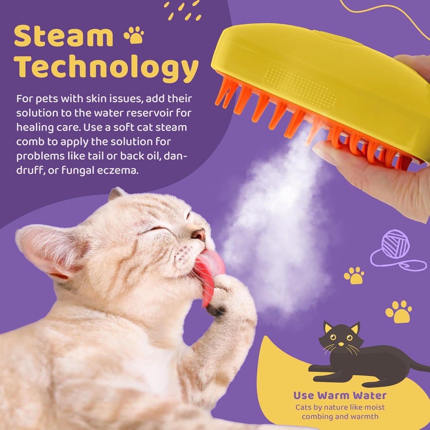 Pet Grooming Rechargeable Steam Brush, Yellow