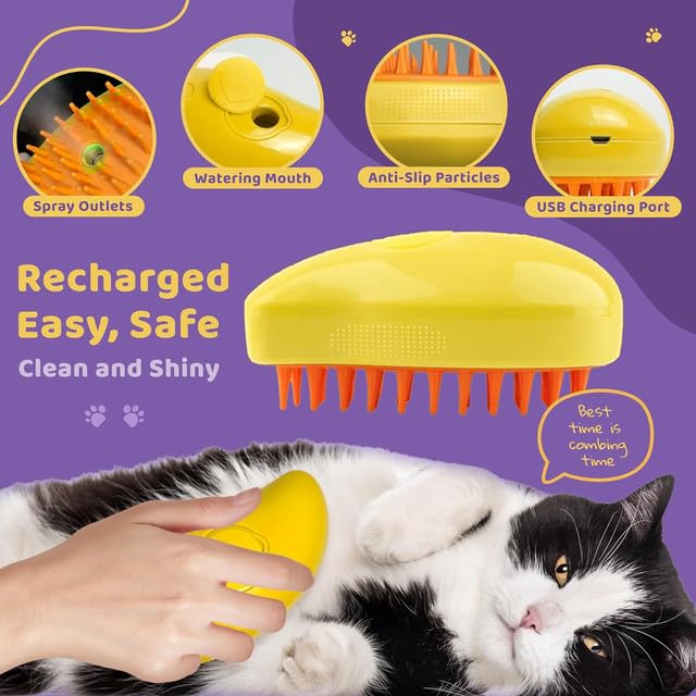 Pet Grooming Rechargeable Steam Brush, Yellow
