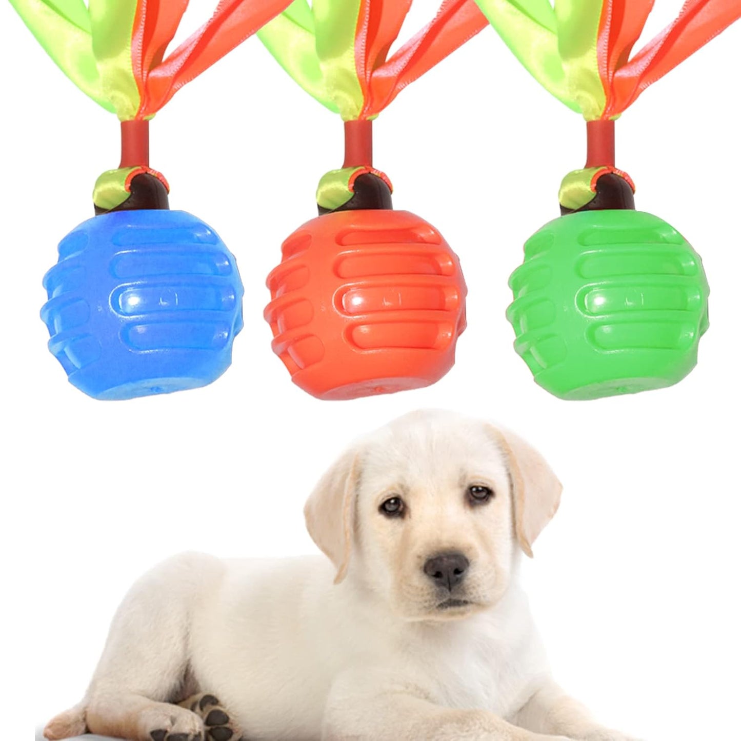 Squeaky Dog Toy TPR  Ball , Ribbon Tails (Orange)
