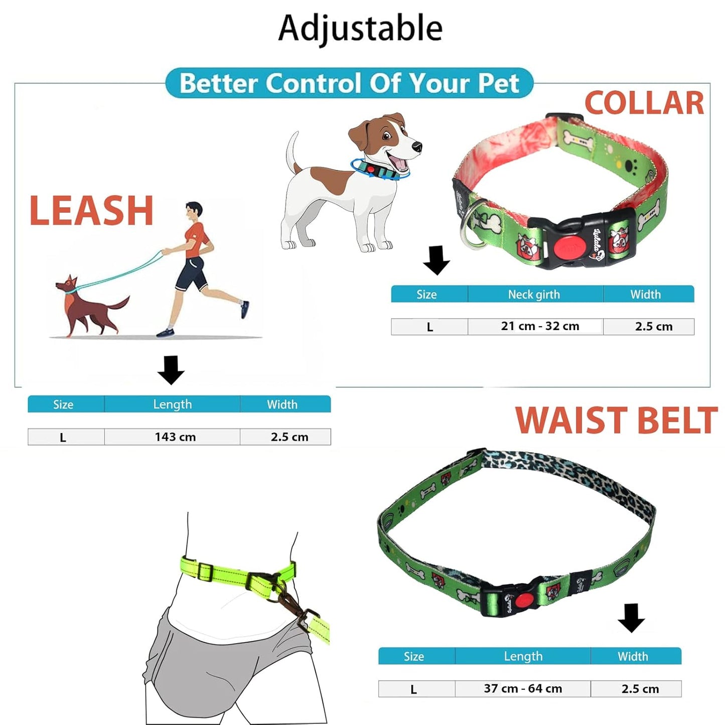 Dog Collar, Leash and Waist Belt Set